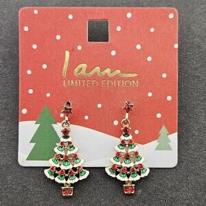 I Am Christmas Tree Earrings Dangle Drop Stud Crystal Gem Rhinestone Bling NWT